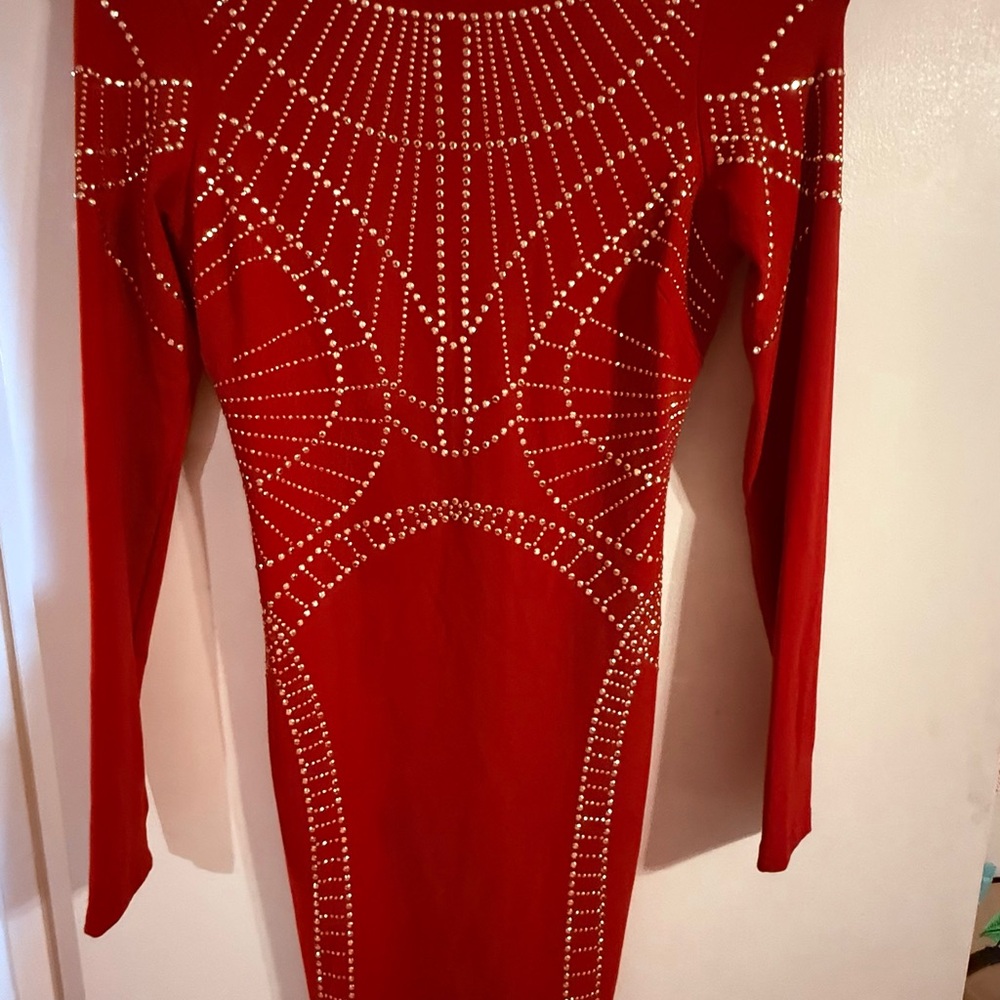 bebe Red Long Sleeve Studded Dress